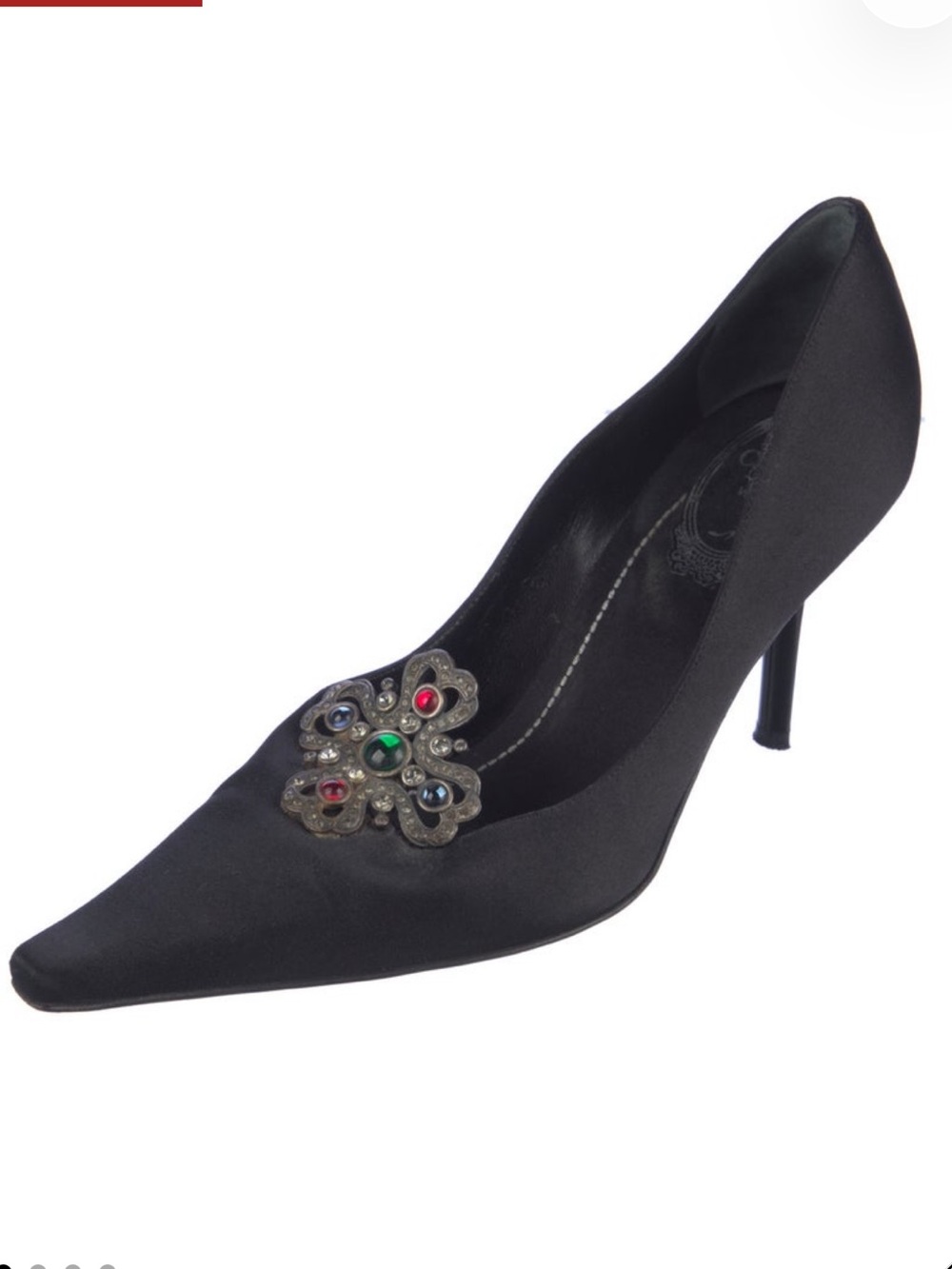 Rene Caovilla Black Satin Pointed-Toe Pumps with Multi-Color Crystal Brooch